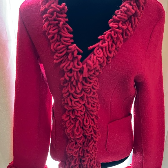 LISA INTERNATIONAL VINTAGE BOILED WOOD RED CARDIGAN SWEATER SIZE SMALL - Picture 2 of 10